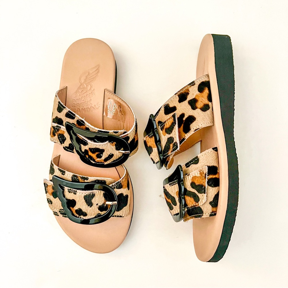 New ANCIENT GREEK SANDALS Iaso Buckled Leopard Print Calf Hair Sandal Slides